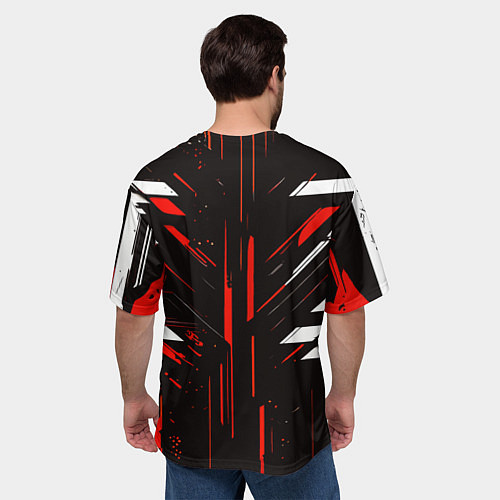 Мужская футболка оверсайз Красно-белые полосы и точки на чёрном фоне / 3D-принт – фото 4