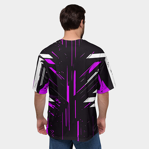 Мужская футболка оверсайз Фиолетово-белые полосы и точки на чёрном фоне / 3D-принт – фото 4