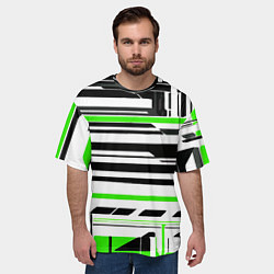 Футболка оверсайз мужская Зелёно-белые технологические линии на чёрном фоне, цвет: 3D-принт — фото 2