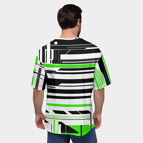 Мужская футболка оверсайз Зелёно-белые технологические линии на чёрном фоне / 3D-принт – фото 4