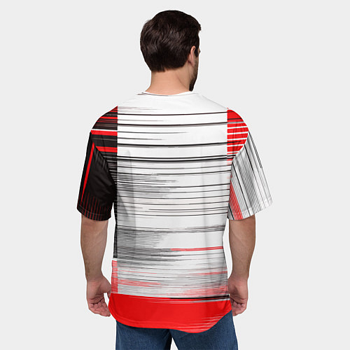 Мужская футболка оверсайз Чёрные вертикальные полосы на красно-белом фоне / 3D-принт – фото 4