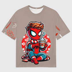 Футболка оверсайз мужская Новогодний человек-паук с горячим шоколадом, цвет: 3D-принт