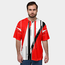 Футболка оверсайз мужская Чёрно-белые вертикальные полосы на красном фоне, цвет: 3D-принт — фото 2