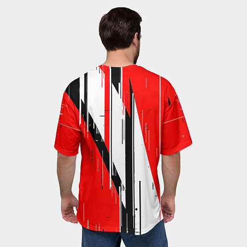 Мужская футболка оверсайз Чёрно-белые вертикальные полосы на красном фоне / 3D-принт – фото 4