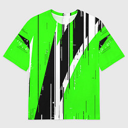 Футболка оверсайз мужская Чёрно-белые вертикальные полосы на зелёном фоне, цвет: 3D-принт