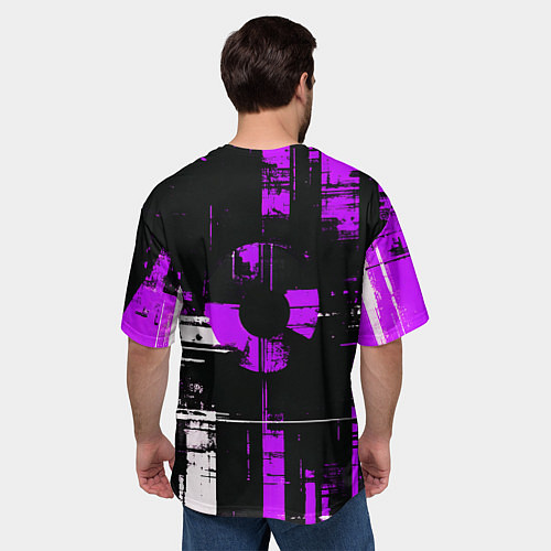 Мужская футболка оверсайз Фиолетово-белый гранж на чёрном фоне / 3D-принт – фото 4