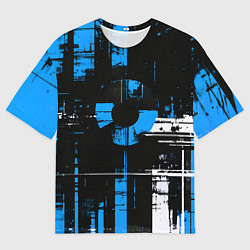 Мужская футболка оверсайз Сине-белый гранж на чёрном фоне