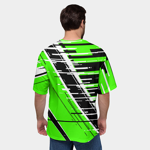 Мужская футболка оверсайз Чёрно-белые глитч полосы на зелёном фоне / 3D-принт – фото 4