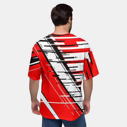 Мужская футболка оверсайз Чёрно-белые глитч полосы на красном фоне / 3D-принт – фото 4