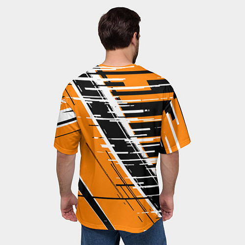 Мужская футболка оверсайз Чёрно-белые глитч полосы на оранжевом фоне / 3D-принт – фото 4