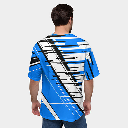 Мужская футболка оверсайз Чёрно-белые глитч полосы на синем фоне / 3D-принт – фото 4