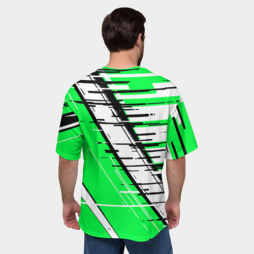 Мужская футболка оверсайз Чёрно-белые глитч полосы на зелёном фоне / 3D-принт – фото 4