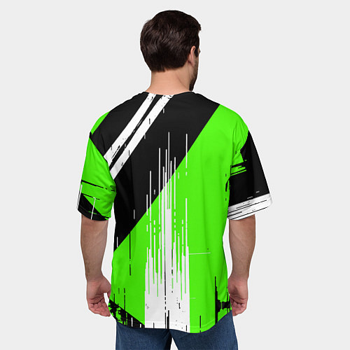 Мужская футболка оверсайз Вертикальные чёрные линии на зелёно-белом фоне / 3D-принт – фото 4