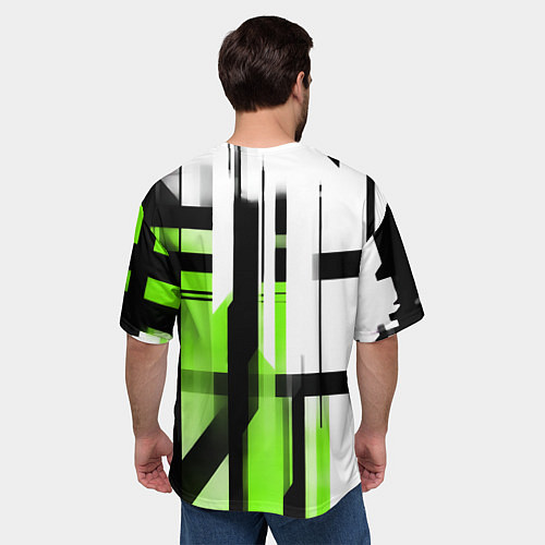 Мужская футболка оверсайз Чёрно-зелёные вертикальные и горизонтальные полосы / 3D-принт – фото 4
