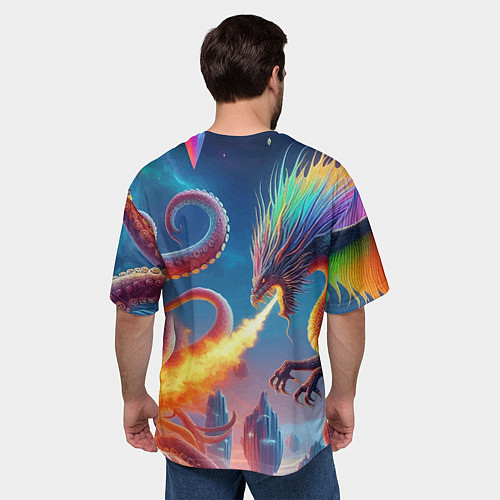 Мужская футболка оверсайз Огнедышащий дракон против осьминога - нейроарт фан / 3D-принт – фото 4
