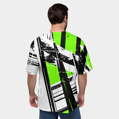 Мужская футболка оверсайз Чёрно-белые абстрактные линии на зелёном фоне / 3D-принт – фото 4