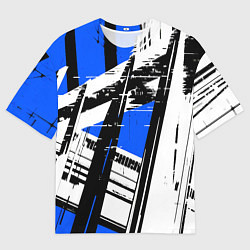 Футболка оверсайз мужская Чёрно-белые абстрактные линии на синем фоне, цвет: 3D-принт
