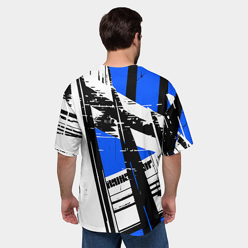 Мужская футболка оверсайз Чёрно-белые абстрактные линии на синем фоне / 3D-принт – фото 4