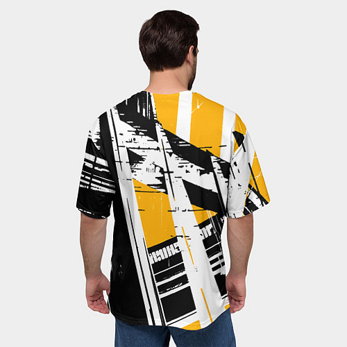 Мужская футболка оверсайз Чёрно-белые абстрактные линии на жёлтом фоне / 3D-принт – фото 4