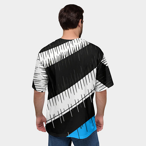 Мужская футболка оверсайз Диагональные чёрно-белые полосы на синем фоне / 3D-принт – фото 4