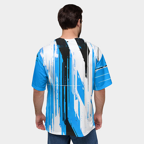 Мужская футболка оверсайз Вертикальные чёрно-белые линии на синем фоне / 3D-принт – фото 4
