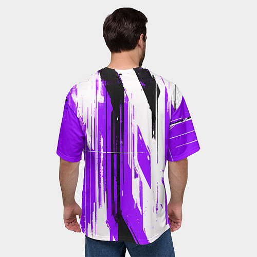 Мужская футболка оверсайз Вертикальные чёрно-белые линии на фиолетовом фоне / 3D-принт – фото 4