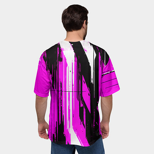 Мужская футболка оверсайз Вертикальные чёрно-белые линии на розовом фоне / 3D-принт – фото 4