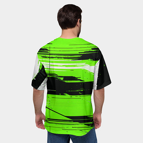 Мужская футболка оверсайз Горизонтальные чёрно-белые линии на зелёном фоне / 3D-принт – фото 4