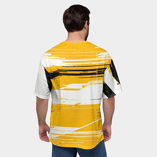 Мужская футболка оверсайз Горизонтальные чёрно-белые линии на жёлтом фоне / 3D-принт – фото 4