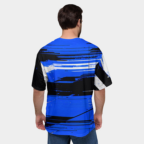 Мужская футболка оверсайз Горизонтальные чёрно-белые линии на синем фоне / 3D-принт – фото 4