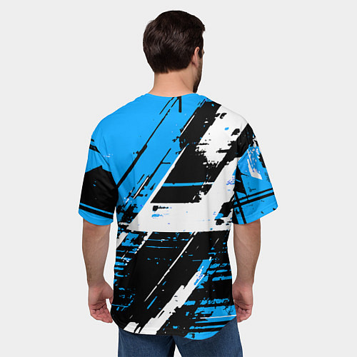Мужская футболка оверсайз Diagonal black and white stripes on a blue backgro / 3D-принт – фото 4