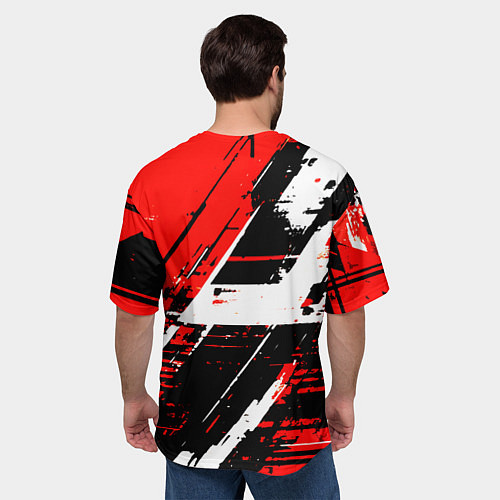 Мужская футболка оверсайз Diagonal black and white stripes on a red backgrou / 3D-принт – фото 4