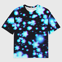 Мужская футболка оверсайз Неоновые снежинки глитч