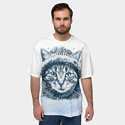 Футболка оверсайз мужская Котик в зимней шапке, цвет: 3D-принт — фото 2
