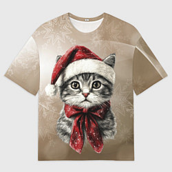 Футболка оверсайз мужская Котик в новогоднем колпаке, цвет: 3D-принт