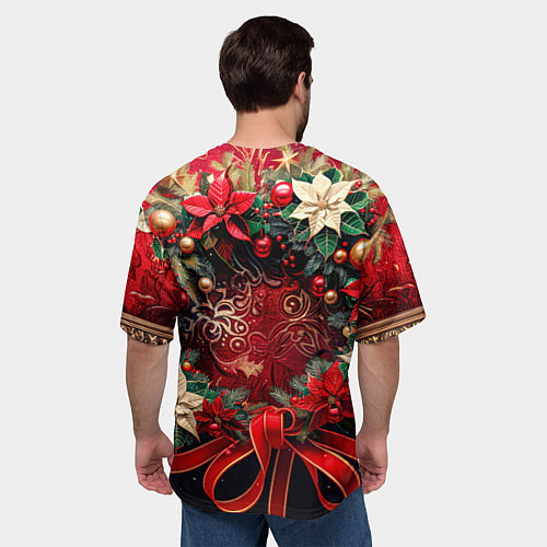Мужская футболка оверсайз Новогодний венок с пуансеттией - нейросеть / 3D-принт – фото 4
