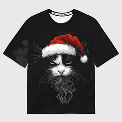 Мужская футболка оверсайз Суровый кот в новогодней шапке - нейросеть