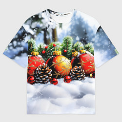 Футболка оверсайз мужская Красные и желтый новогодние шары, цвет: 3D-принт