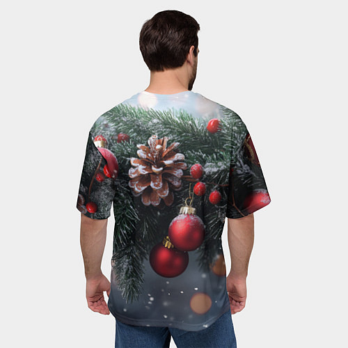 Мужская футболка оверсайз Красные игрушки на елке и шишки / 3D-принт – фото 4