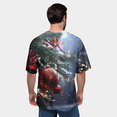 Мужская футболка оверсайз Красные новогодние шары с узорами / 3D-принт – фото 4