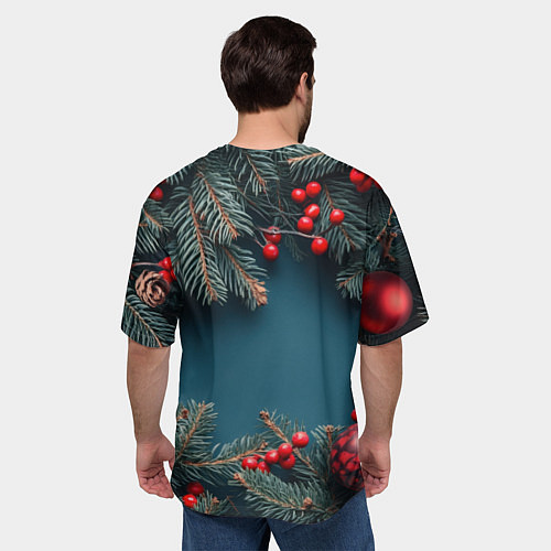 Мужская футболка оверсайз Новогодний фон и рябина / 3D-принт – фото 4