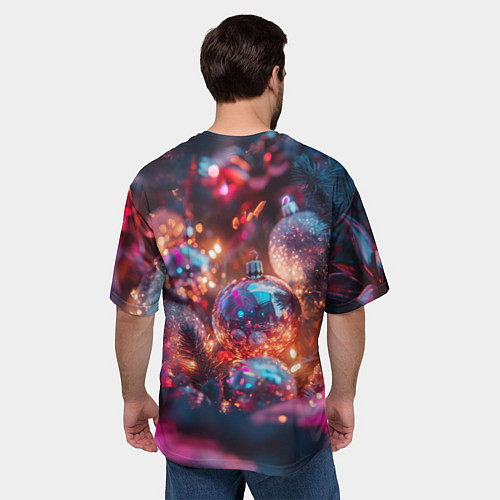 Мужская футболка оверсайз Новогодние шары и фиолетовые блески / 3D-принт – фото 4