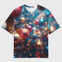 Футболка оверсайз мужская Красные и синие шары на фоне елки, цвет: 3D-принт