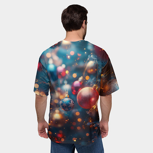 Мужская футболка оверсайз Красные и синие шары на фоне елки / 3D-принт – фото 4