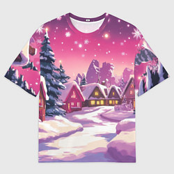Мужская футболка оверсайз Новогодние домики и фиолетовый закат