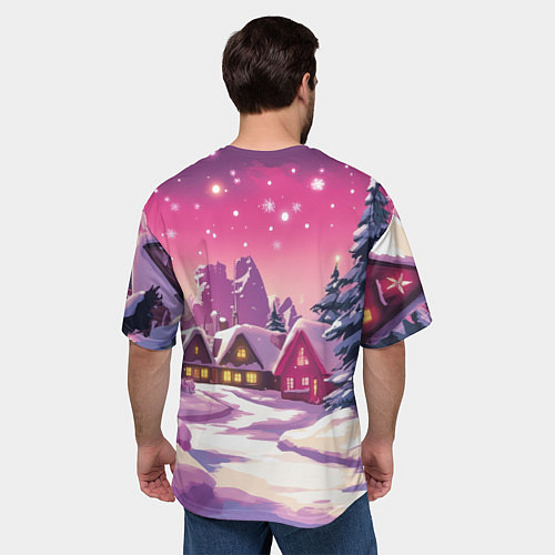 Мужская футболка оверсайз Новогодние домики и фиолетовый закат / 3D-принт – фото 4