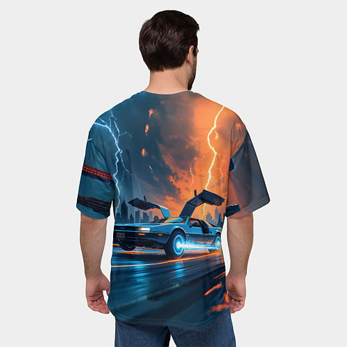Мужская футболка оверсайз Автомобиль и ночные молнии / 3D-принт – фото 4