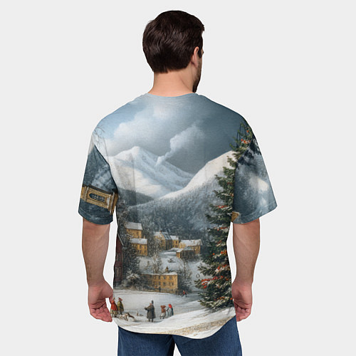 Мужская футболка оверсайз Новогодняя огромная елка и маленькие домики / 3D-принт – фото 4
