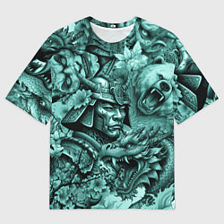 Мужская футболка оверсайз Драконы самурай медведь и волк в стиле тату