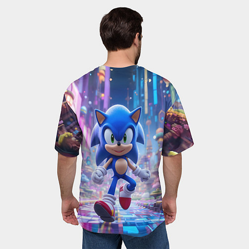 Мужская футболка оверсайз Sonic в неоновом городе / 3D-принт – фото 4